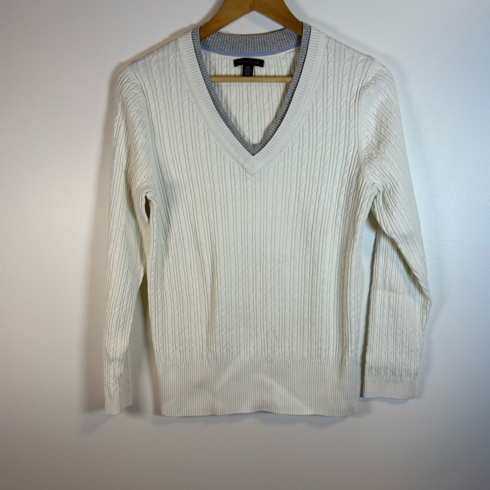 Tommy Hilfiger Women’s White V-Neck Cable Knit Cotton Sweater Size Large